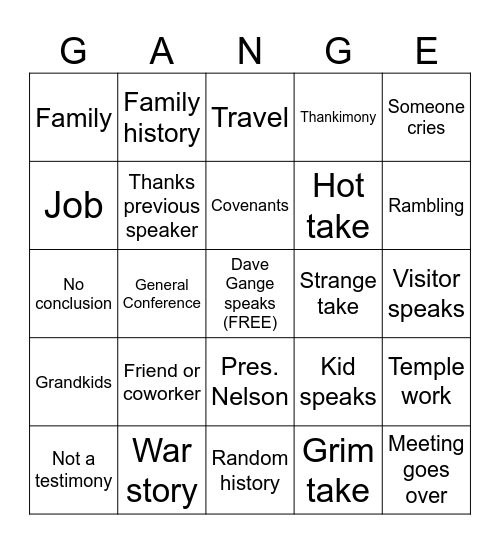 Fast and Testimony Bingo Card