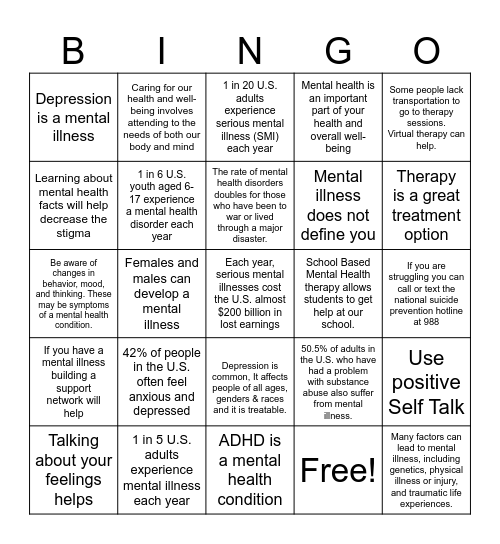 Mental Health Awareness Facts Bingo Card