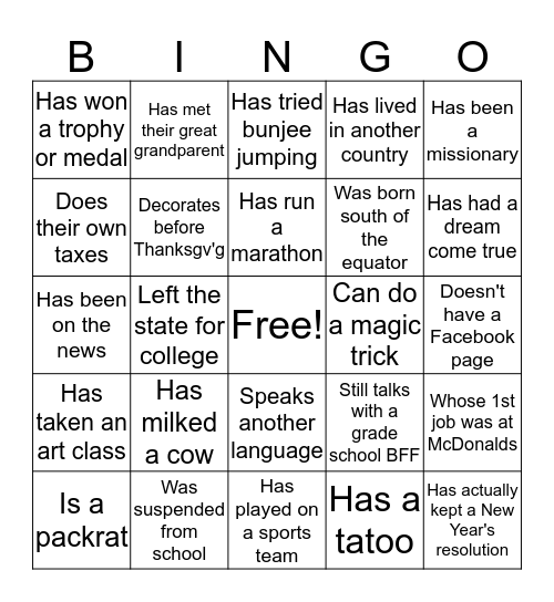 Find Someone Who....... Bingo Card