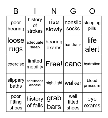 Fall Risk Bingo Card