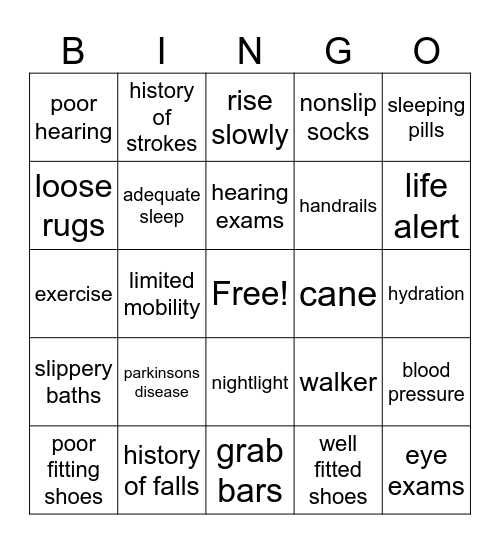 Fall Risk Bingo Card