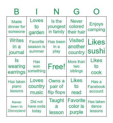 Get to Know You Bingo Card