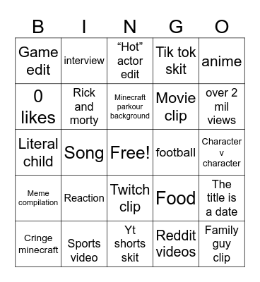 YouTube shorts Bingo Card