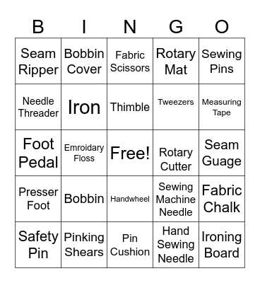 Sewing Equipment/Machine Parts Bingo Card