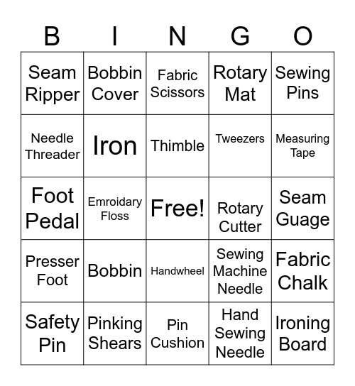 Sewing Equipment/Machine Parts Bingo Card