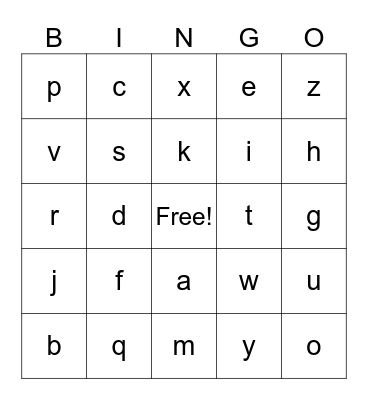 Lowercase Alphabet Bingo Card