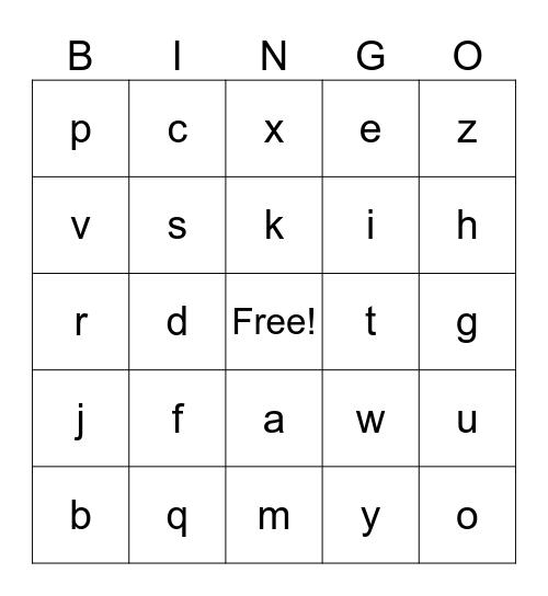 Lowercase Alphabet Bingo Card