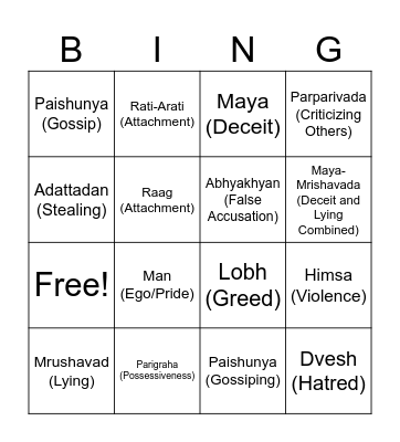 18 Paap Categories Bingo Card