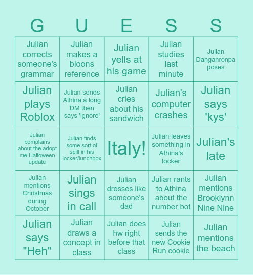 Velasquez Bingo Card