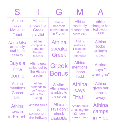 Georgina Bingo Card