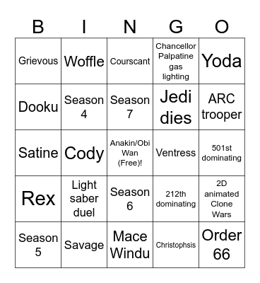 Star Wars The Clone Wars Bingo Card