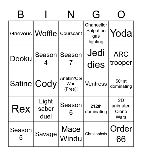 Star Wars The Clone Wars Bingo Card