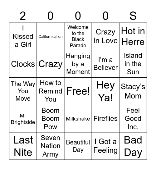 The 00’s Bingo Card