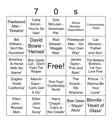 70s Music Bingo Card