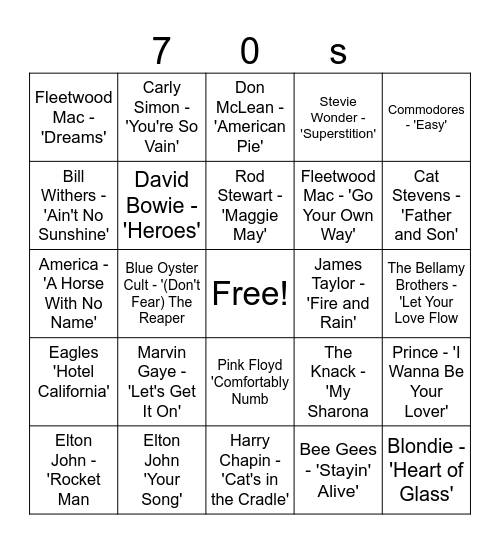 70s Music Bingo Card