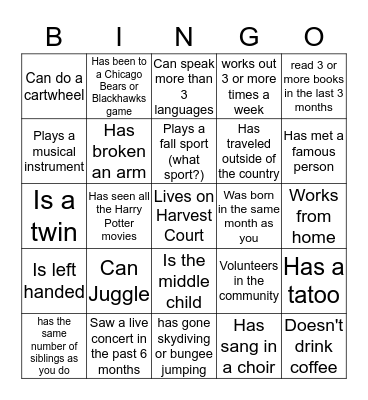 Harvest Ct. Meet your neighbors Bingo Card