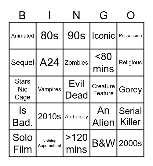 October Movie Bingo Card