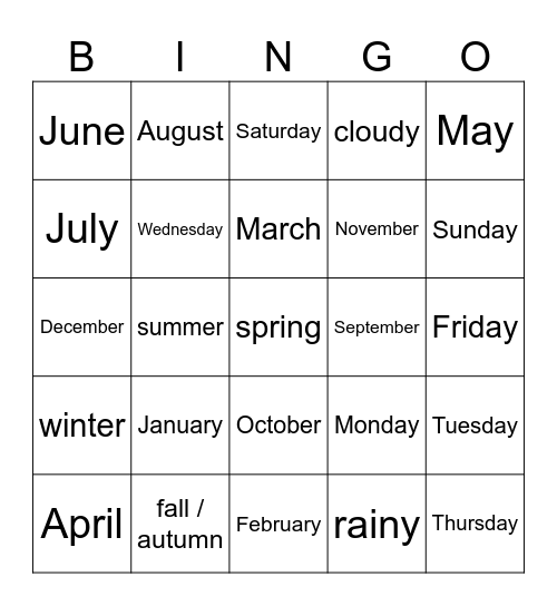 Months, Days, Seasons, Weather Bingo Card