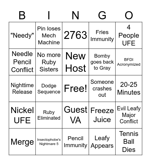 BFDIA 15 Bingo Card