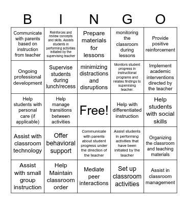 What Do I Do as a Paraprofessional? Bingo Card