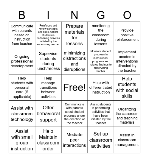 What Do I Do as a Paraprofessional? Bingo Card