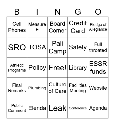 Board Meeting Bingo Card