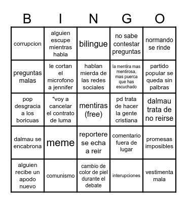 Debates Puerto RIco Bingo Card