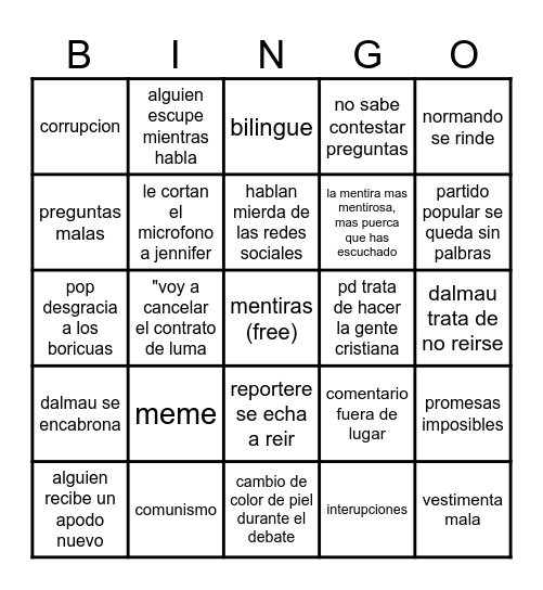 Debates Puerto RIco Bingo Card