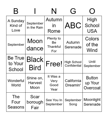 Fall Song Bingo Card