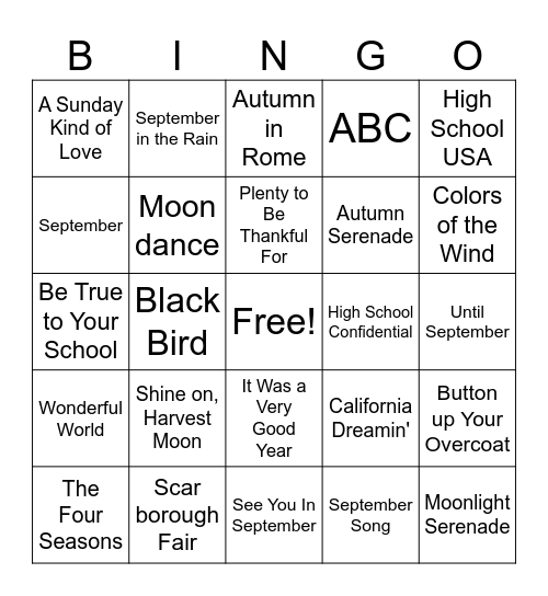 Fall Song Bingo Card