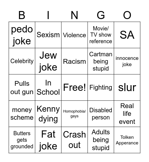 South Park Bingo Card