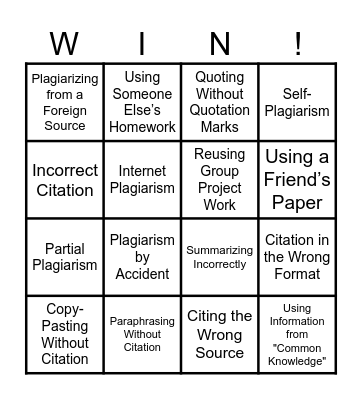Plagiarism and Citation Bingo Card