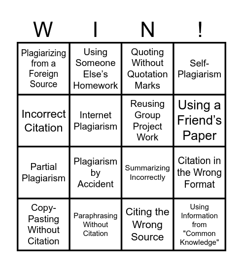 Plagiarism and Citation Bingo Card