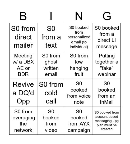 S0 Competition Bingo Card