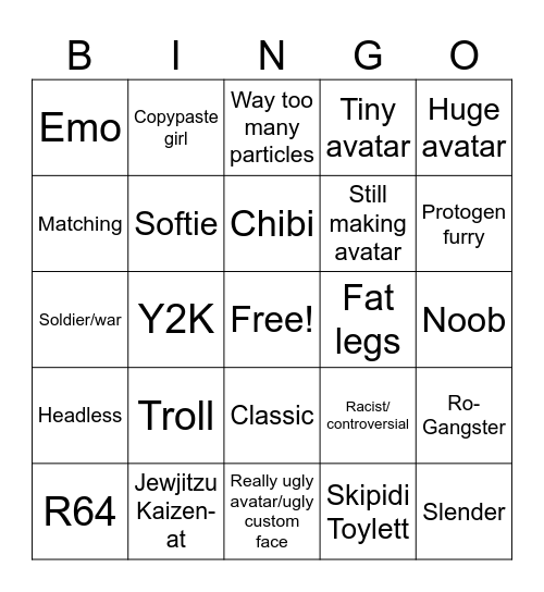 Catalog Avatar Creator Bingo Card