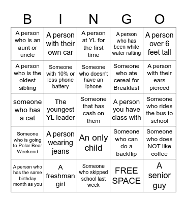 YOUNG LIFE PEOPLE BINGO Card