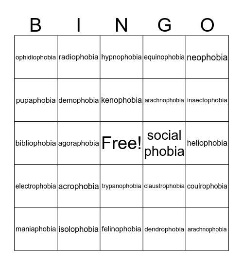 Phobias Bingo Card