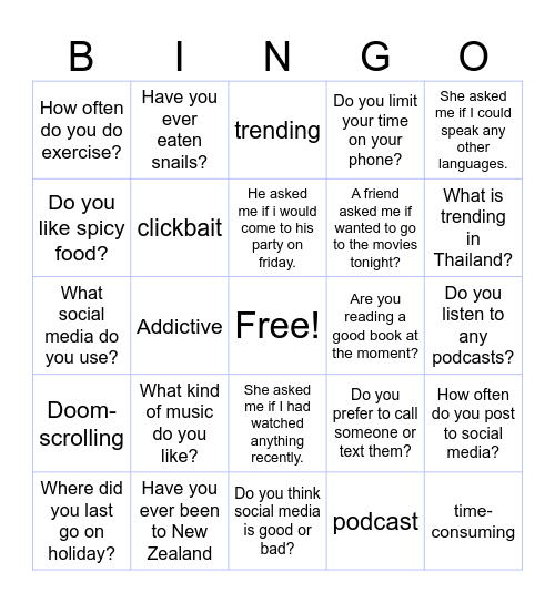 Social Media and Reported questions Bingo Card