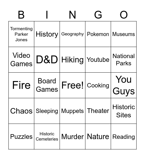 What Interests do you share with Jason? Bingo Card