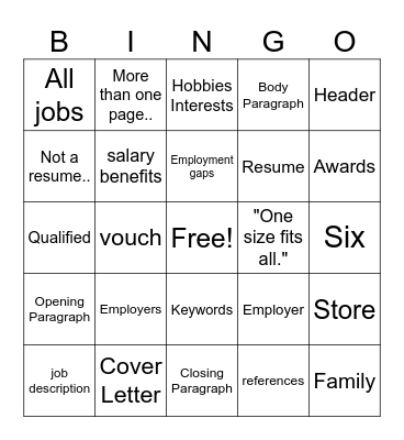 Cover Letter Bingo Card