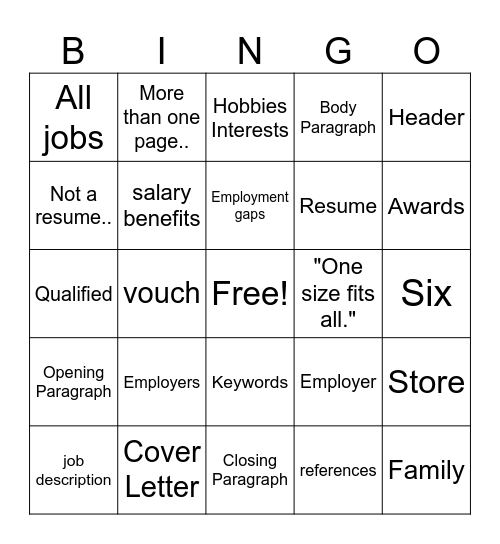 Cover Letter Bingo Card