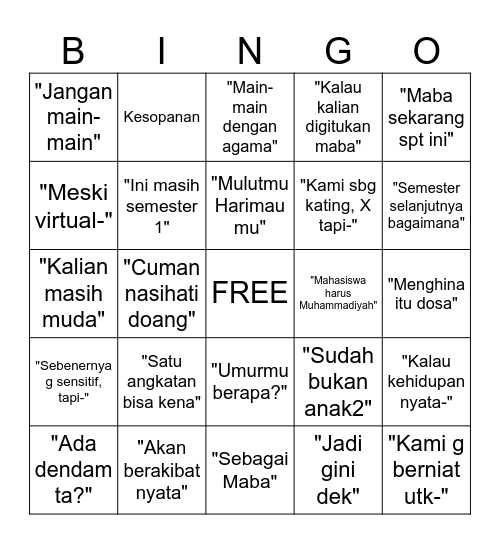 Kating Bingo Card