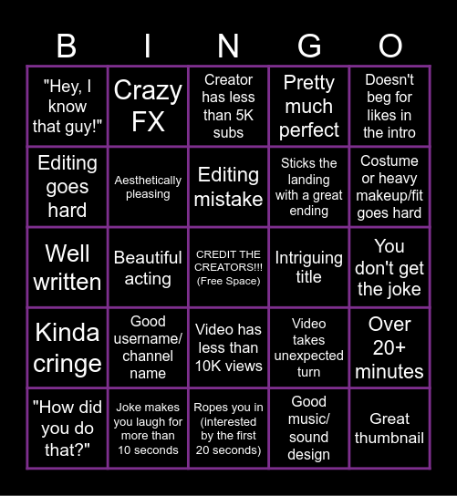 YouTube Bingo Card