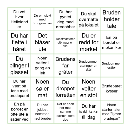 Bryllupsbingo Card