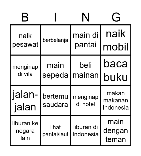 Liburan Bingo Card