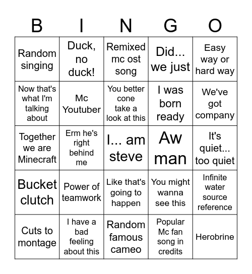 minceraft Bingo Card