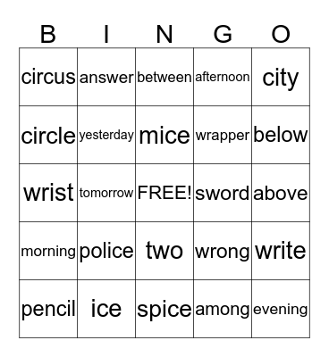 Blue Group Spelling Bingo Card