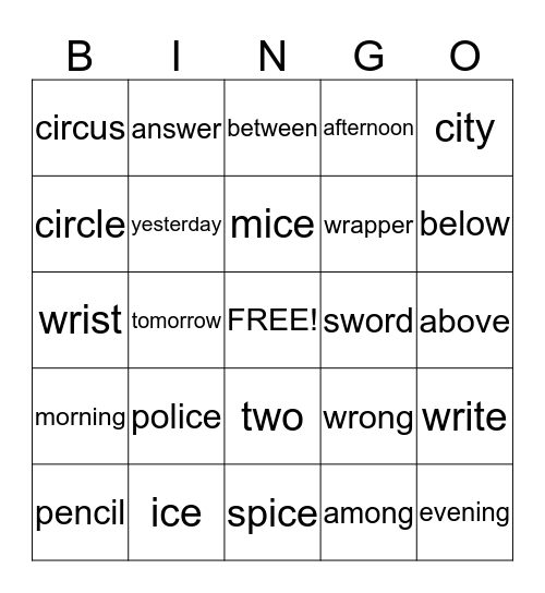 Blue Group Spelling Bingo Card