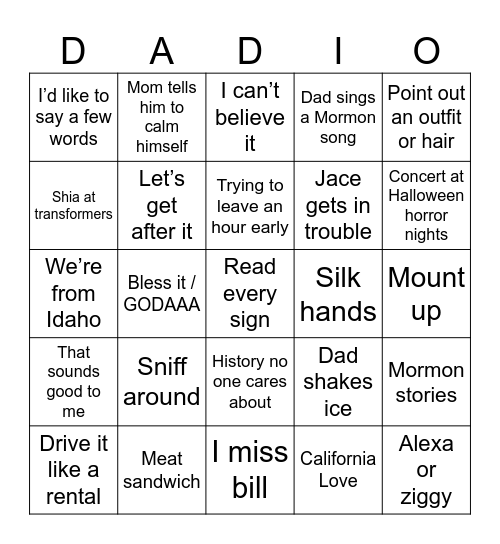 Dadio Bingo Card