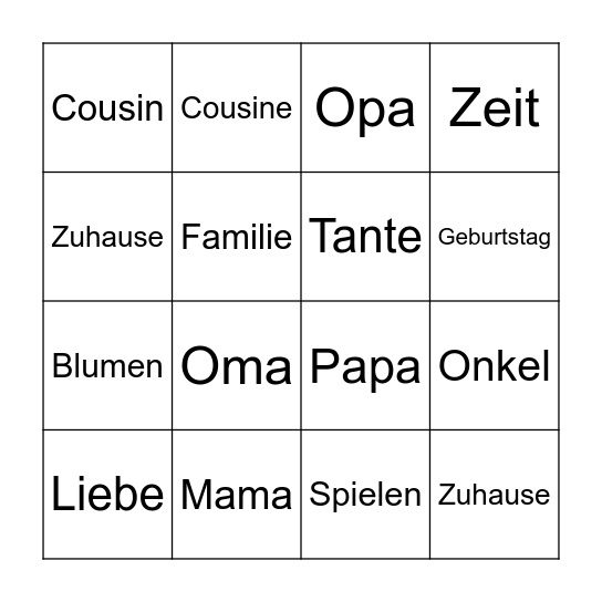 Familie Bingo Card